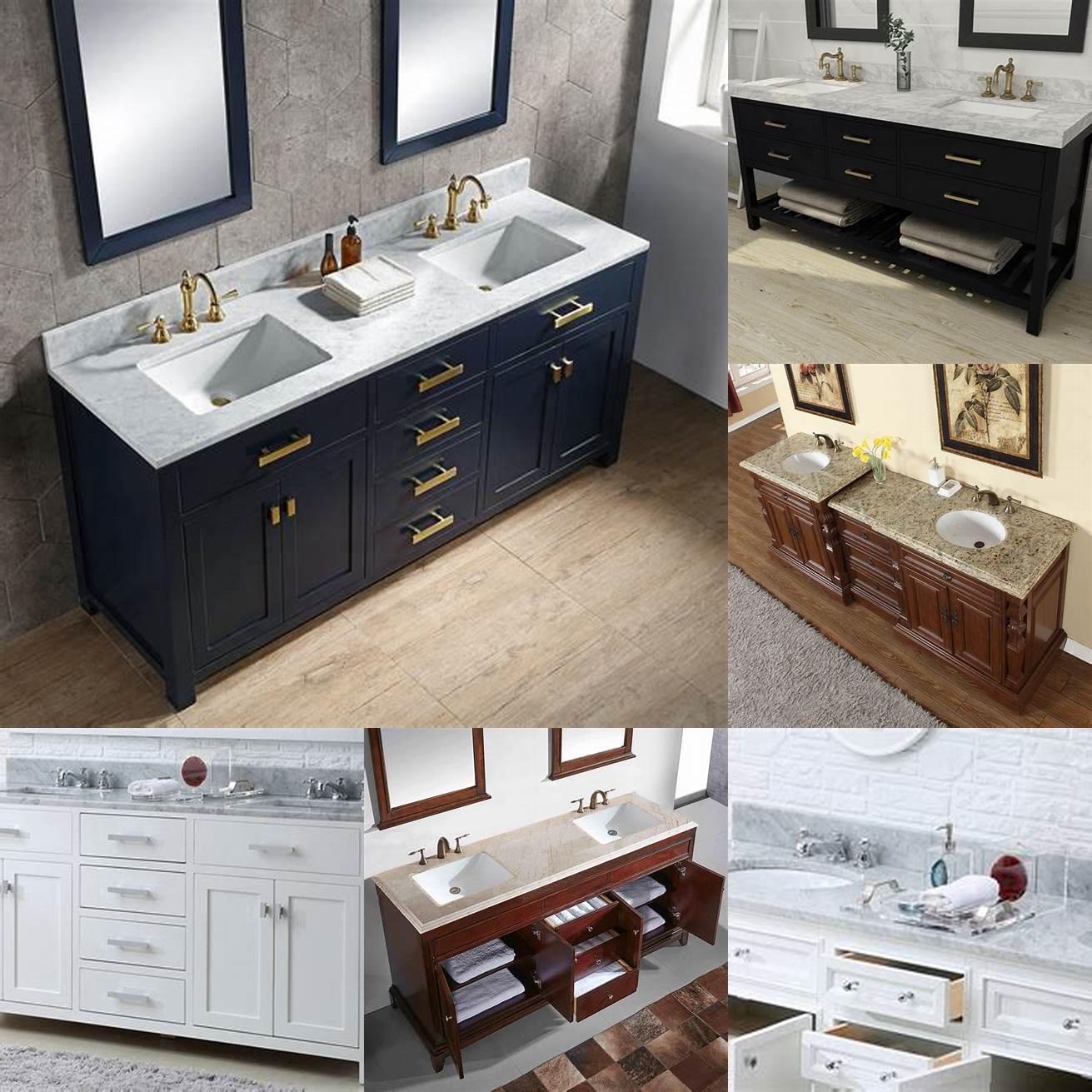 A modern double sink bathroom vanity top with a marble countertop