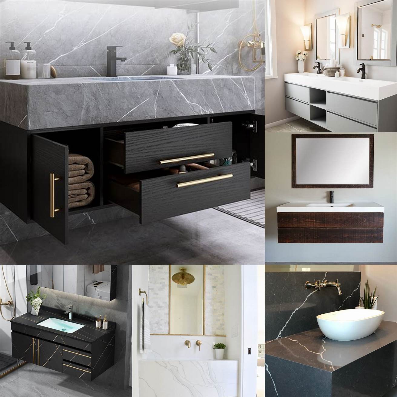 A modern floating vanity with a quartz top