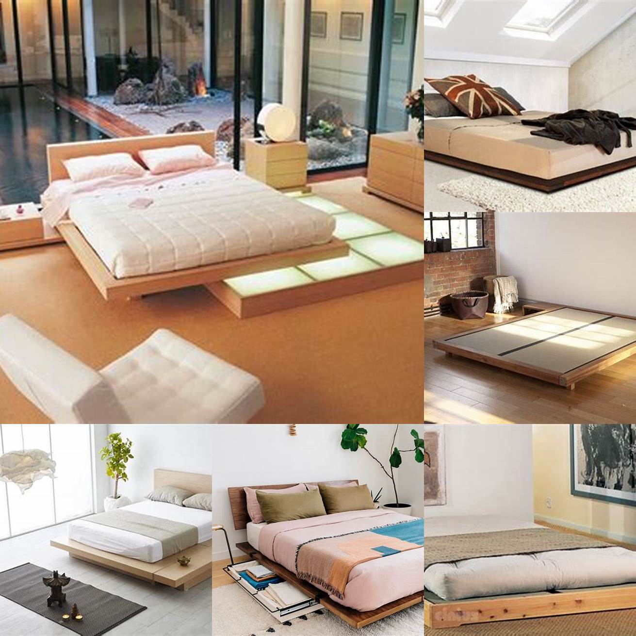 A modern tatami bed with a wooden frame and low-profile design