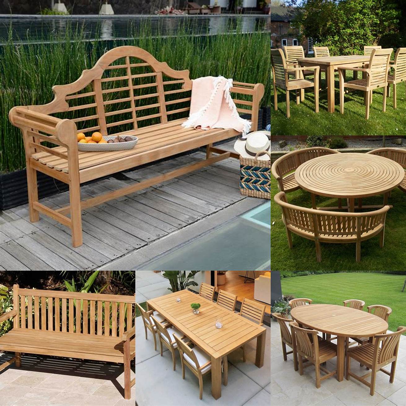 A pair of teak outdoor benches with a matching table