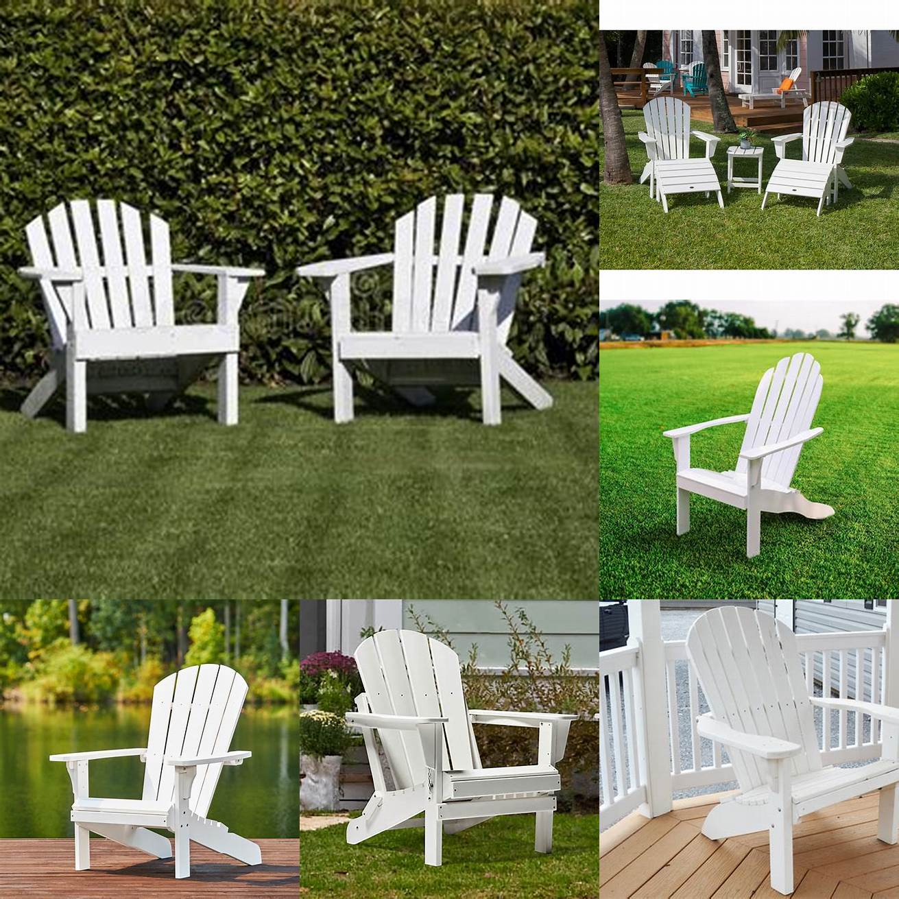 A pair of white Adirondack chairs on a lush lawn