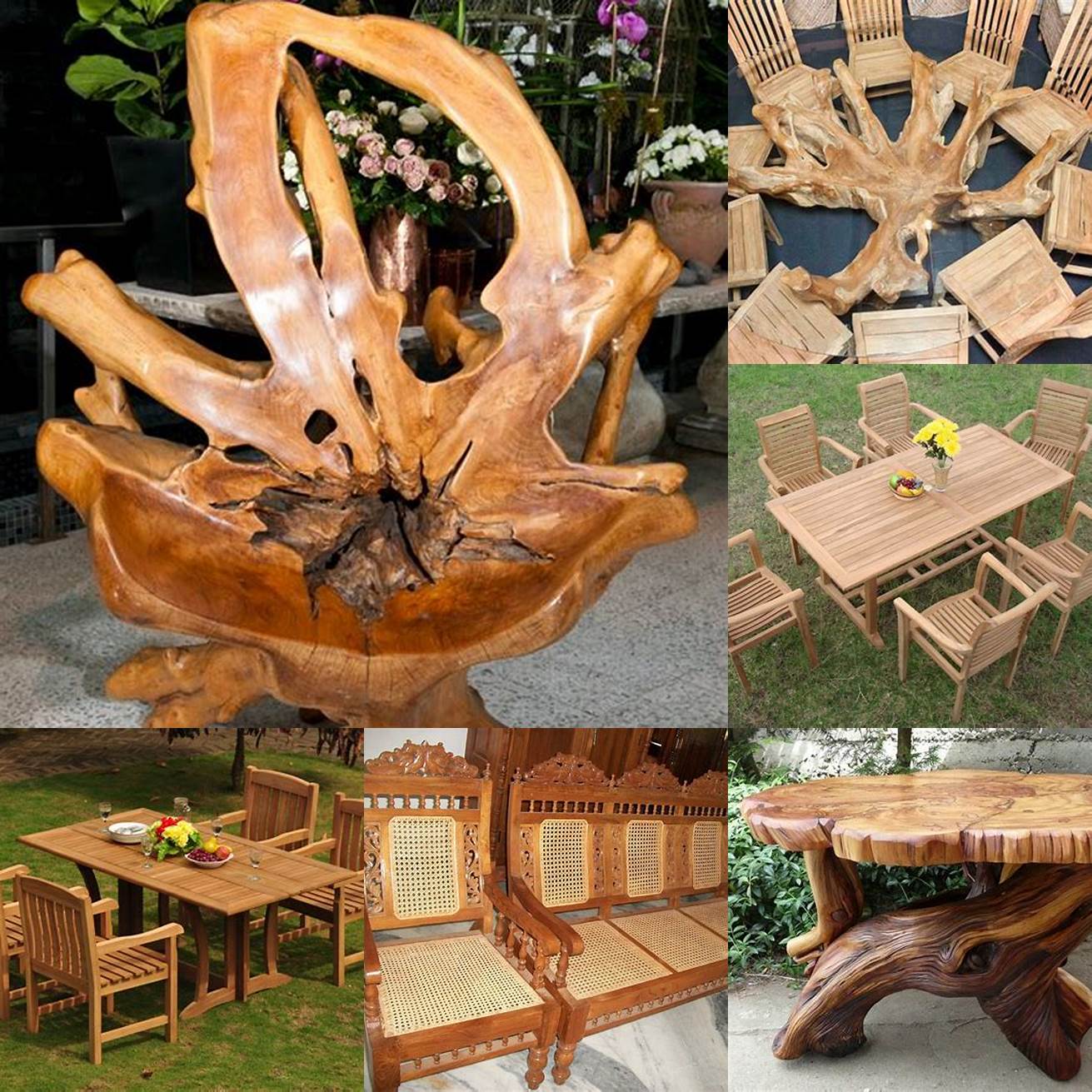 A photograph of a variety of teak tree furniture pieces