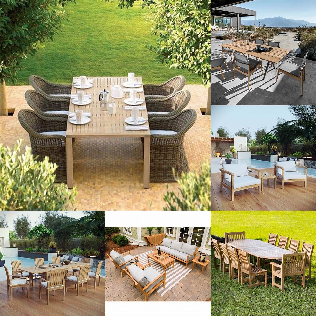 A picture of a Gloster teak outdoor furniture set in an outdoor setting