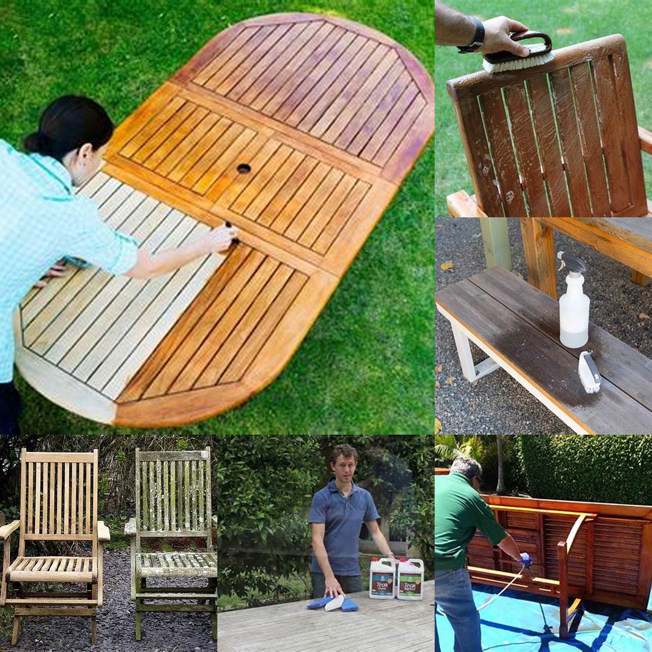 A picture of a person cleaning teak deck furniture