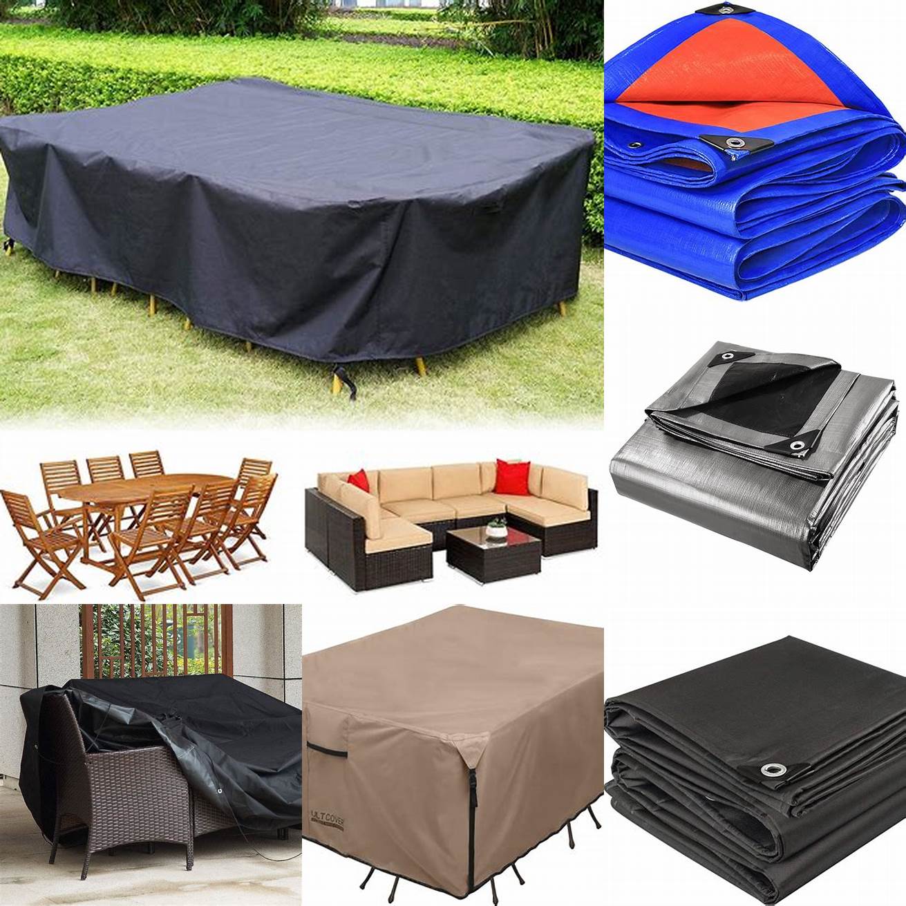 A picture of a person covering RHF Divano Teak furniture with a waterproof cover or tarp