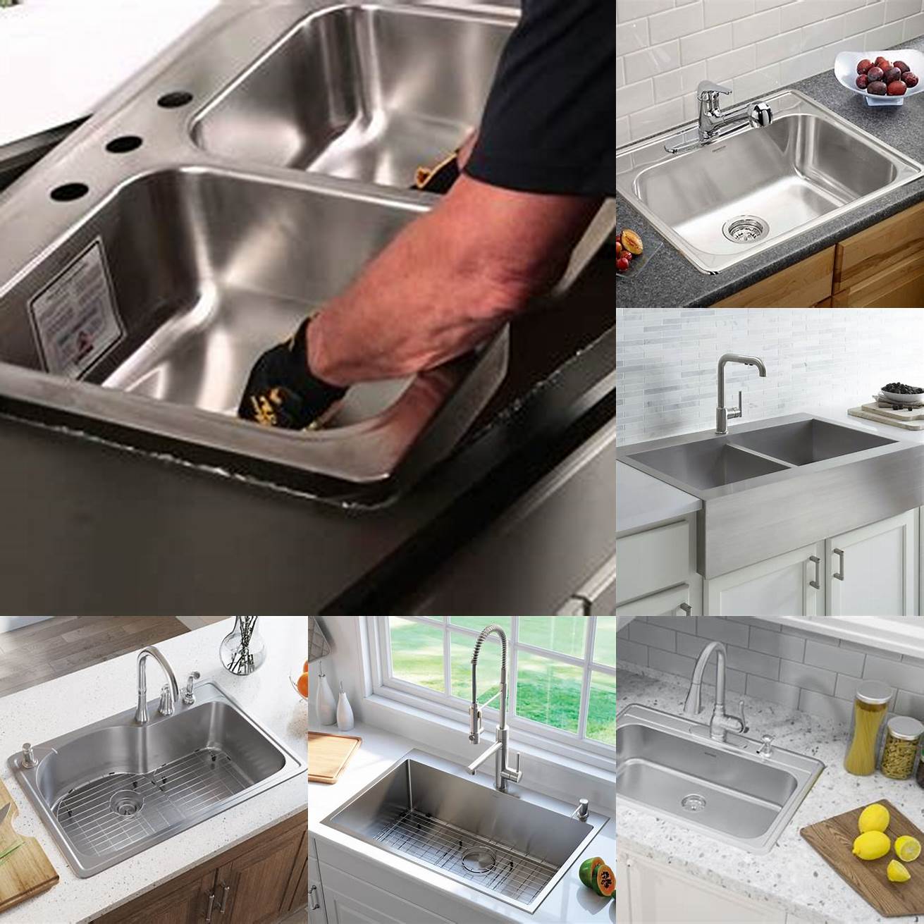 A picture of a stainless steel kitchen sink with a top mount installation