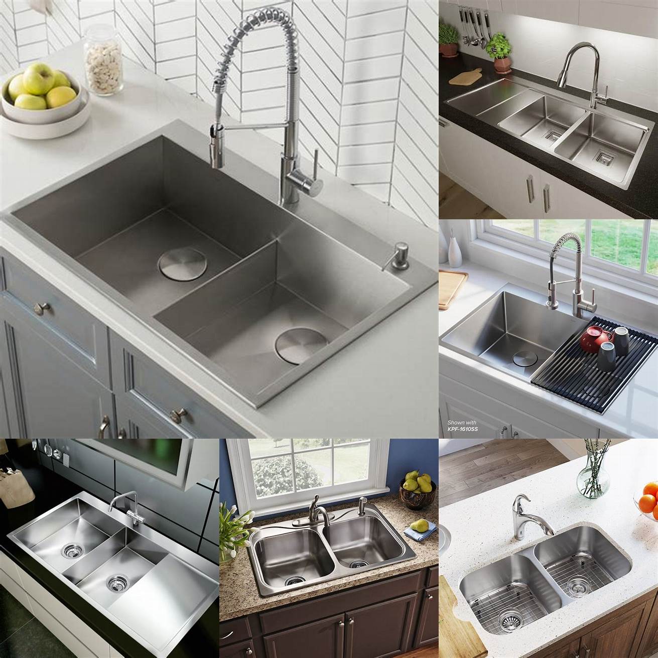 A picture of a stainless steel kitchen sink with two equal-sized bowls and a low arch faucet