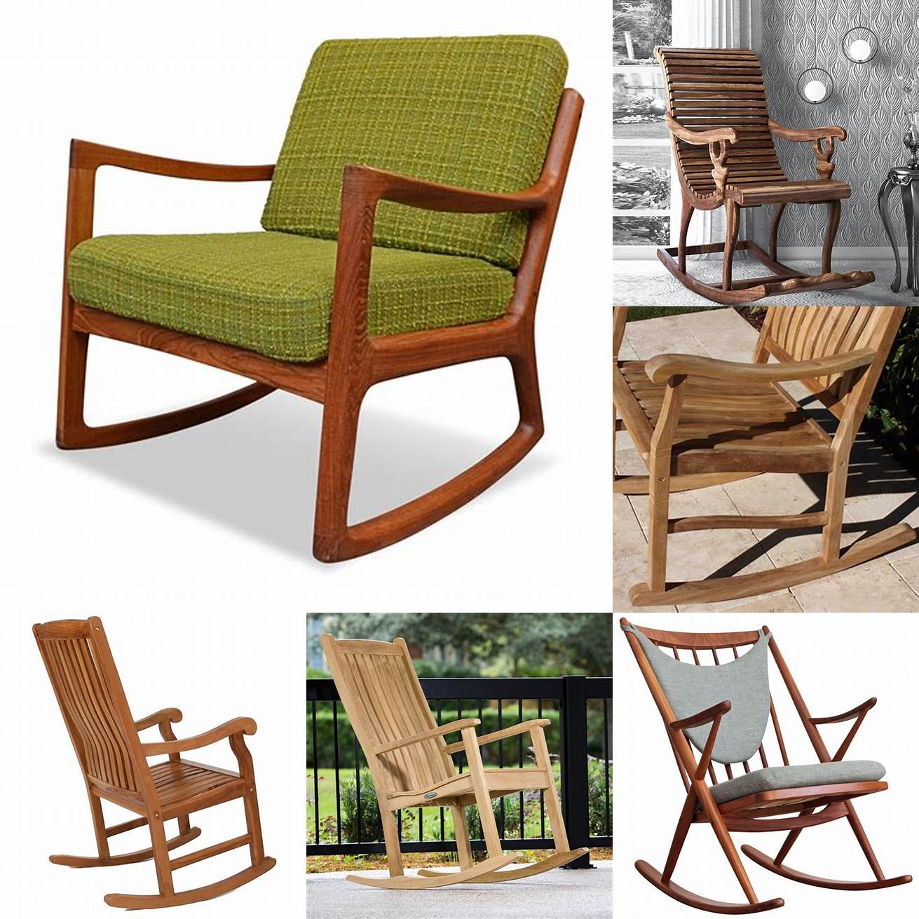 A picture of a teak rocking chair with a design guide