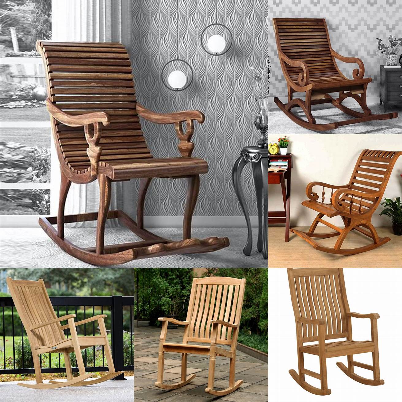 A picture of a teak rocking chair with strong solid construction