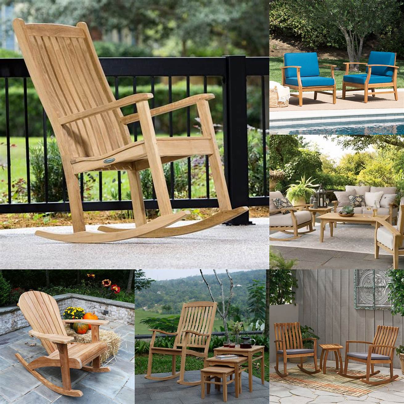 A picture of an outdoor living space with a teak rocking chair