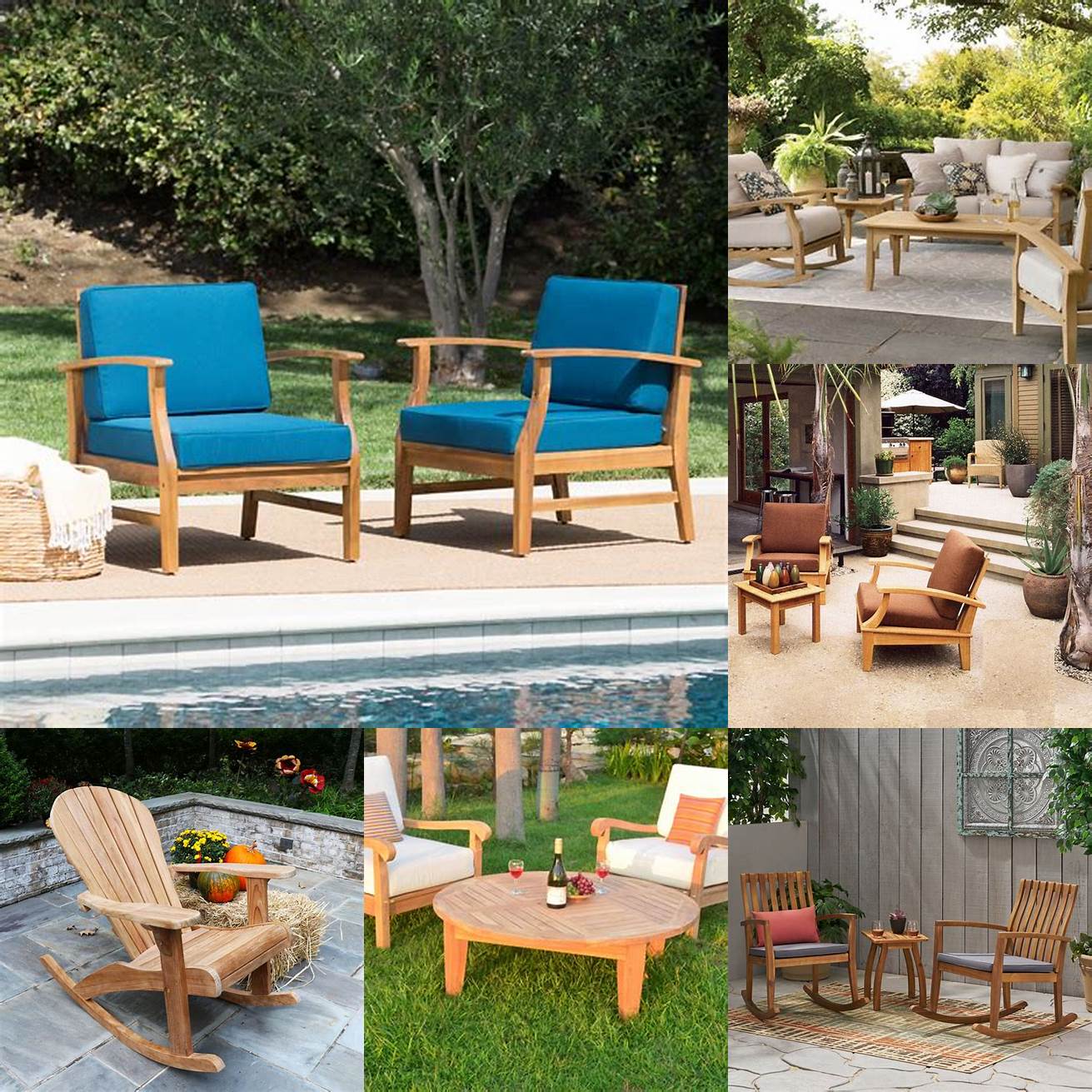 A picture of an outdoor living space with multiple teak rocking chairs