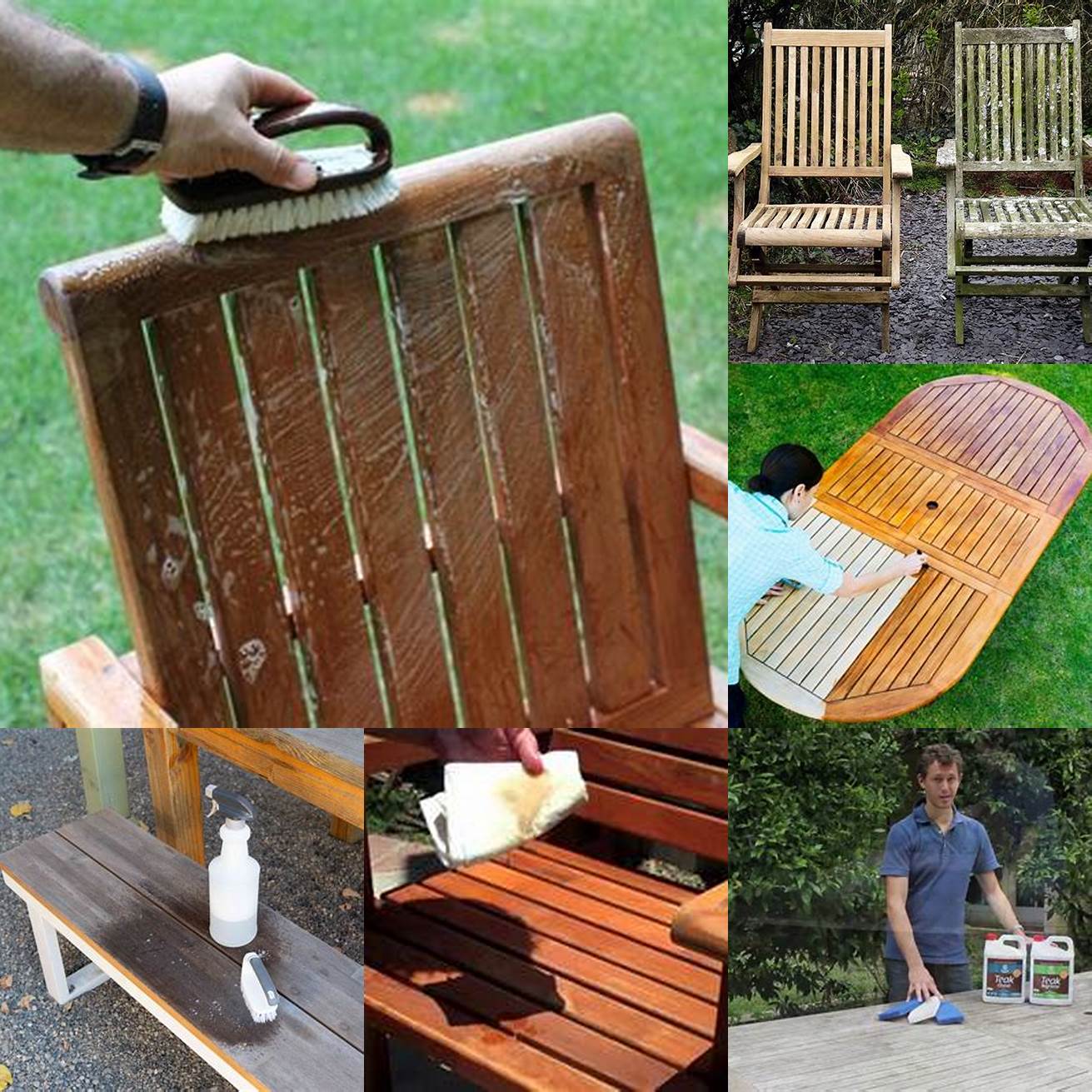 A picture of someone cleaning teak outdoor furniture with a cloth
