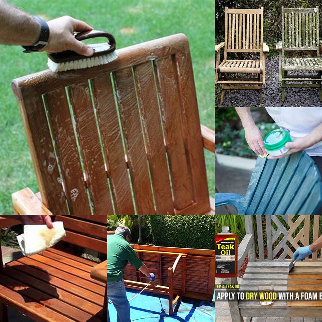 A picture of someone cleaning teak outdoor furniture