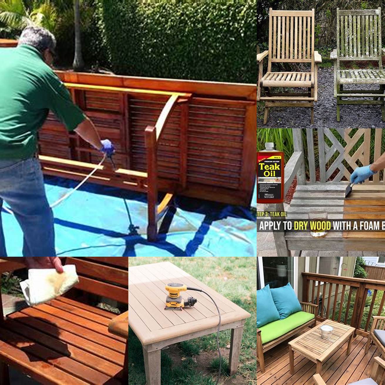 A picture of someone polishing teak outdoor furniture