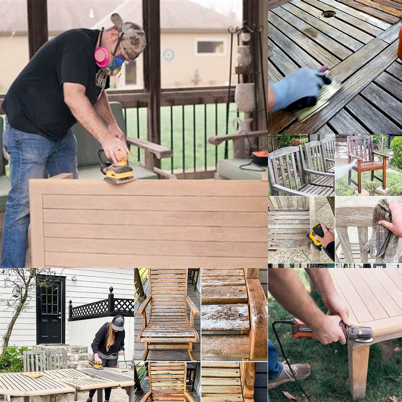 A picture of someone sanding teak outdoor furniture