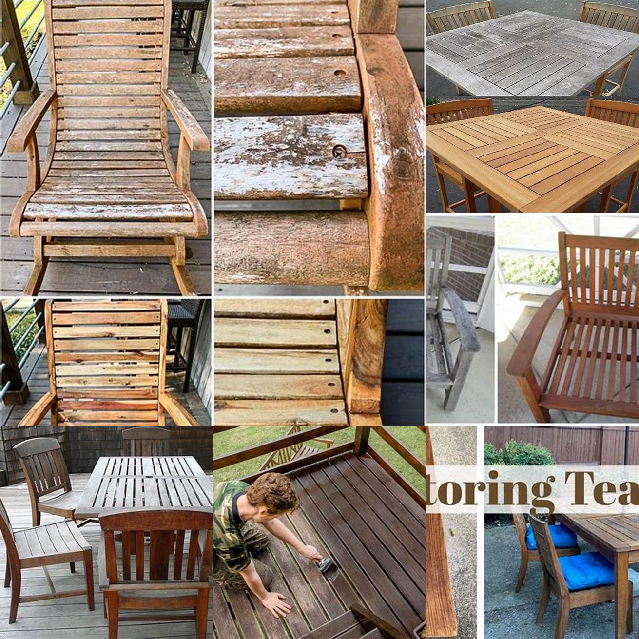 A picture of teak deck furniture before and after being sealed