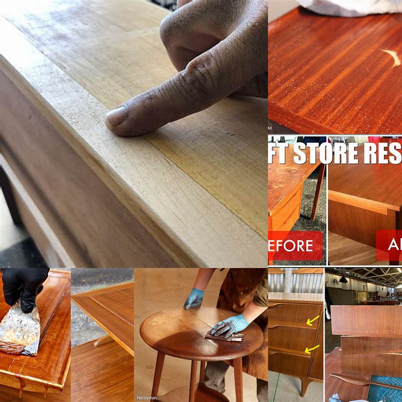 A picture of teak furniture being repaired