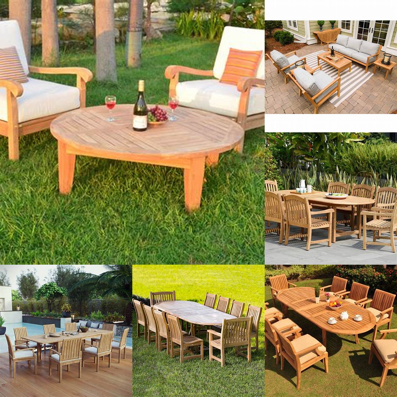 A picture of teak outdoor furniture in a sunny outdoor setting