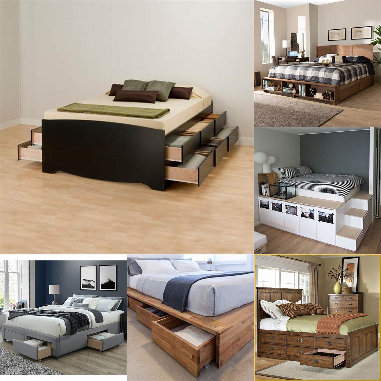 A platform bed with built-in storage drawers to maximize space