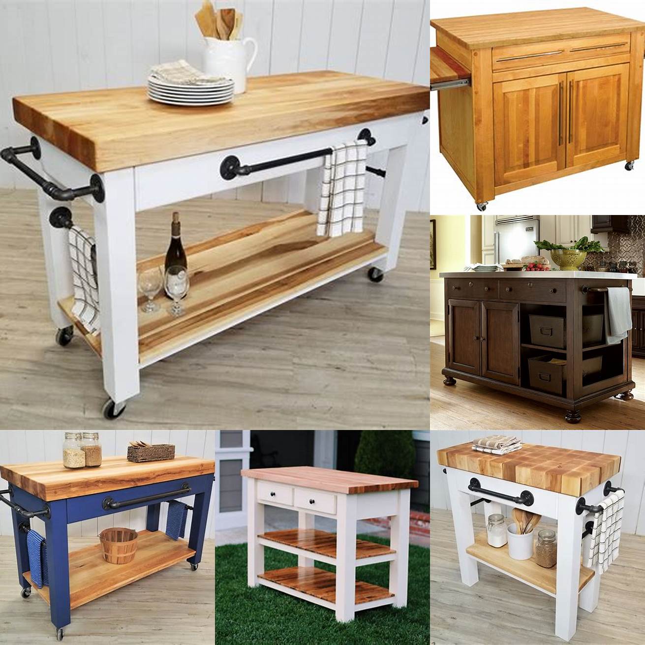 A portable kitchen island with wheels and a butcher block top