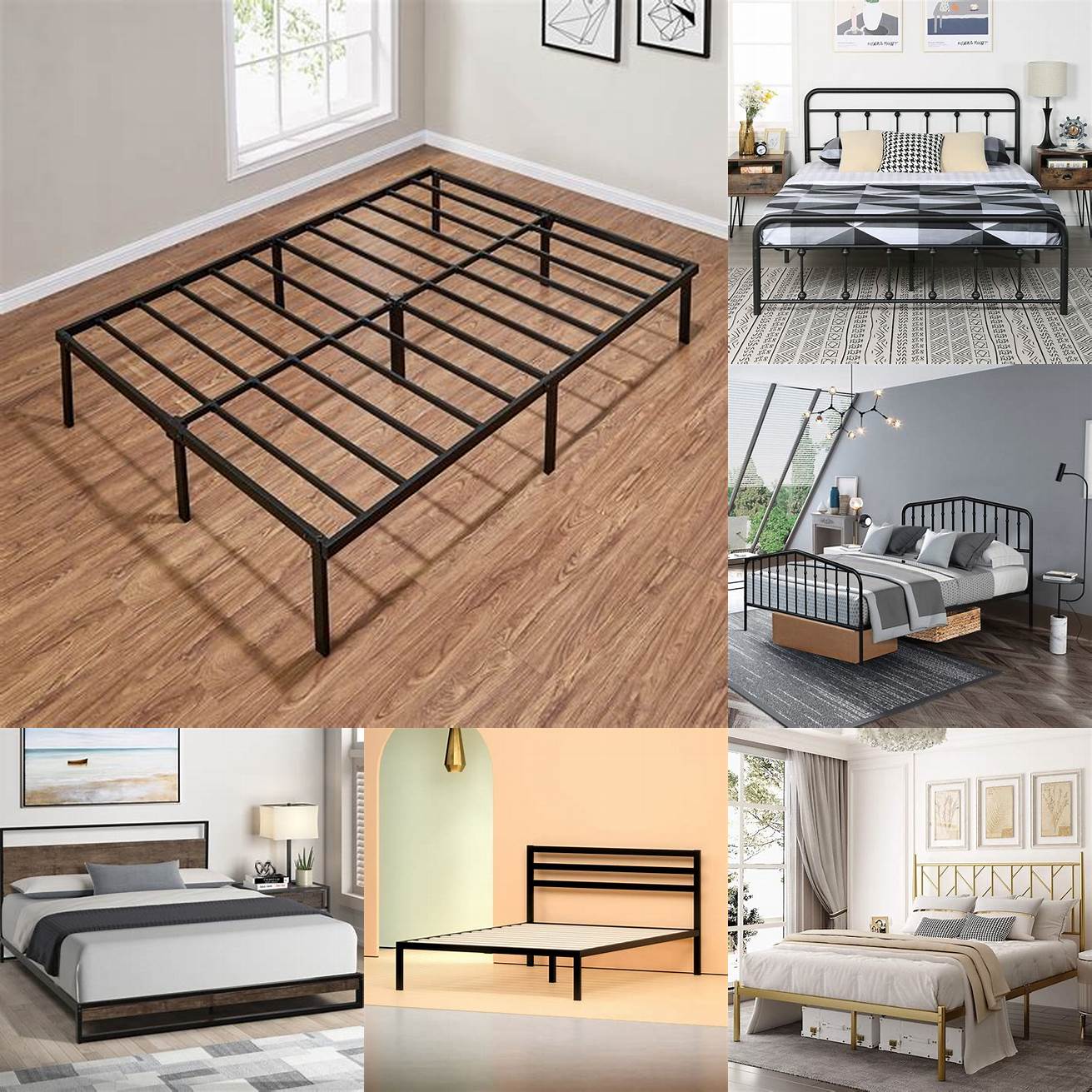 A queen bed platform with a metal frame