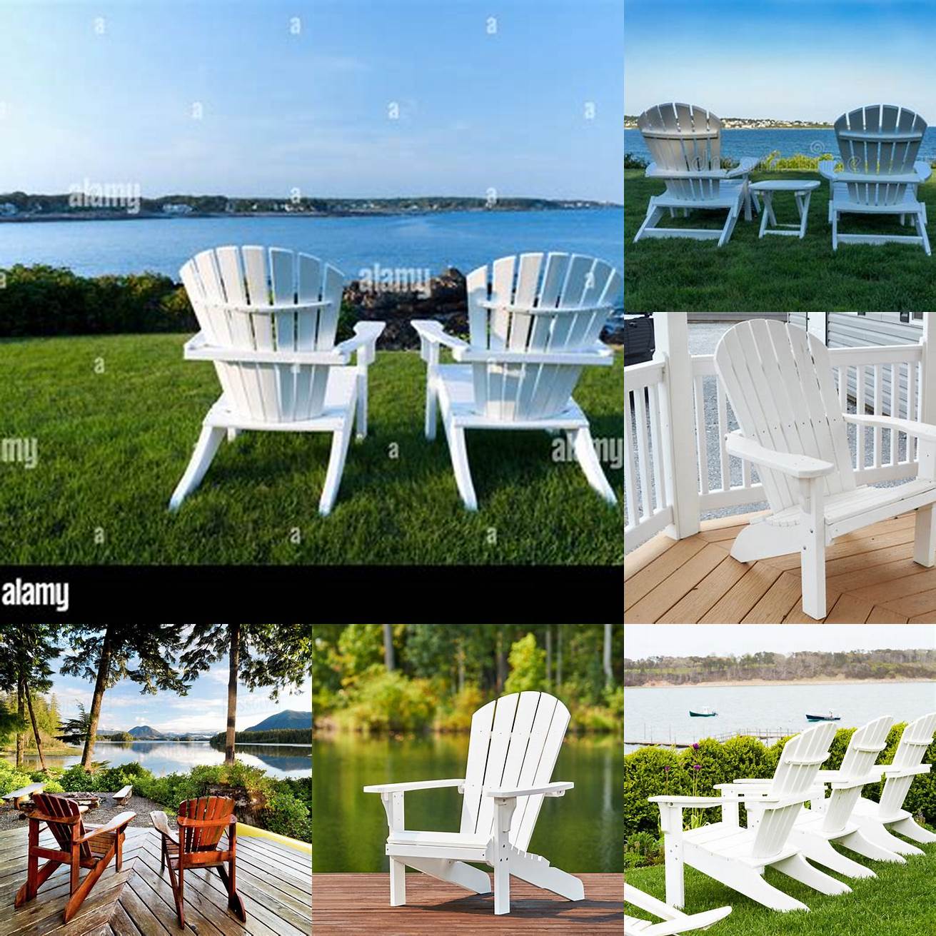 A row of white Adirondack chairs on a deck overlooking the ocean