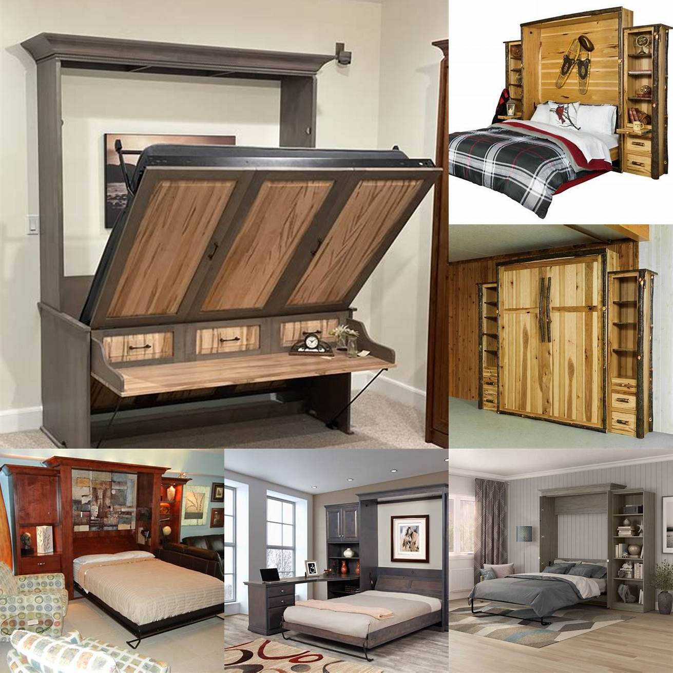 A rustic Queen Size Murphy Bed with a wooden frame
