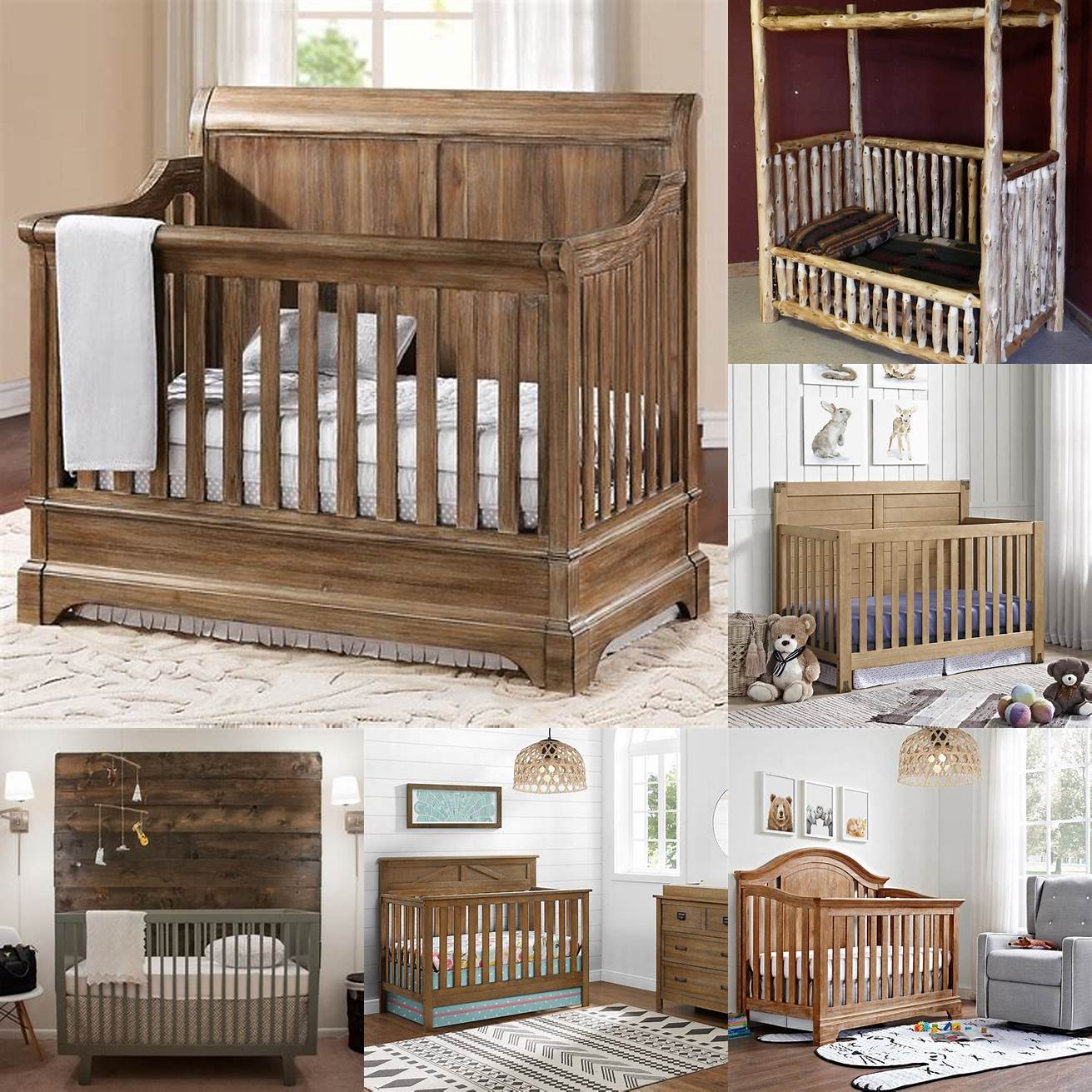 A rustic baby furniture set features natural wood finishes and designs inspired by the outdoors