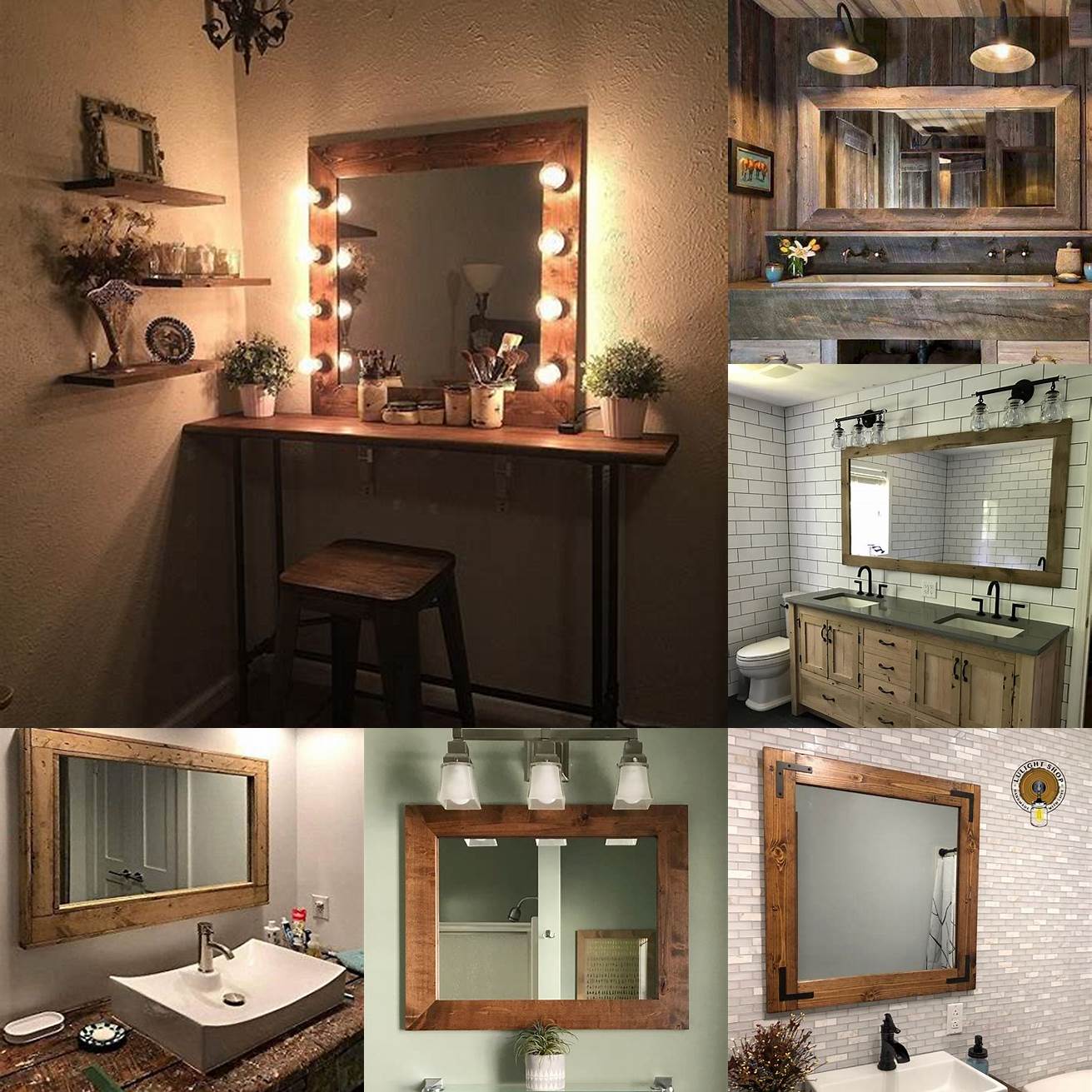 A rustic bathroom vanity with makeup station and a wooden mirror frame