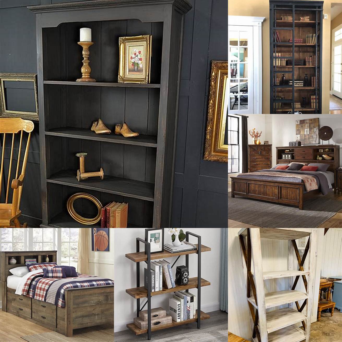 A rustic bookcase bed with distressed wood shelves and a wrought-iron frame