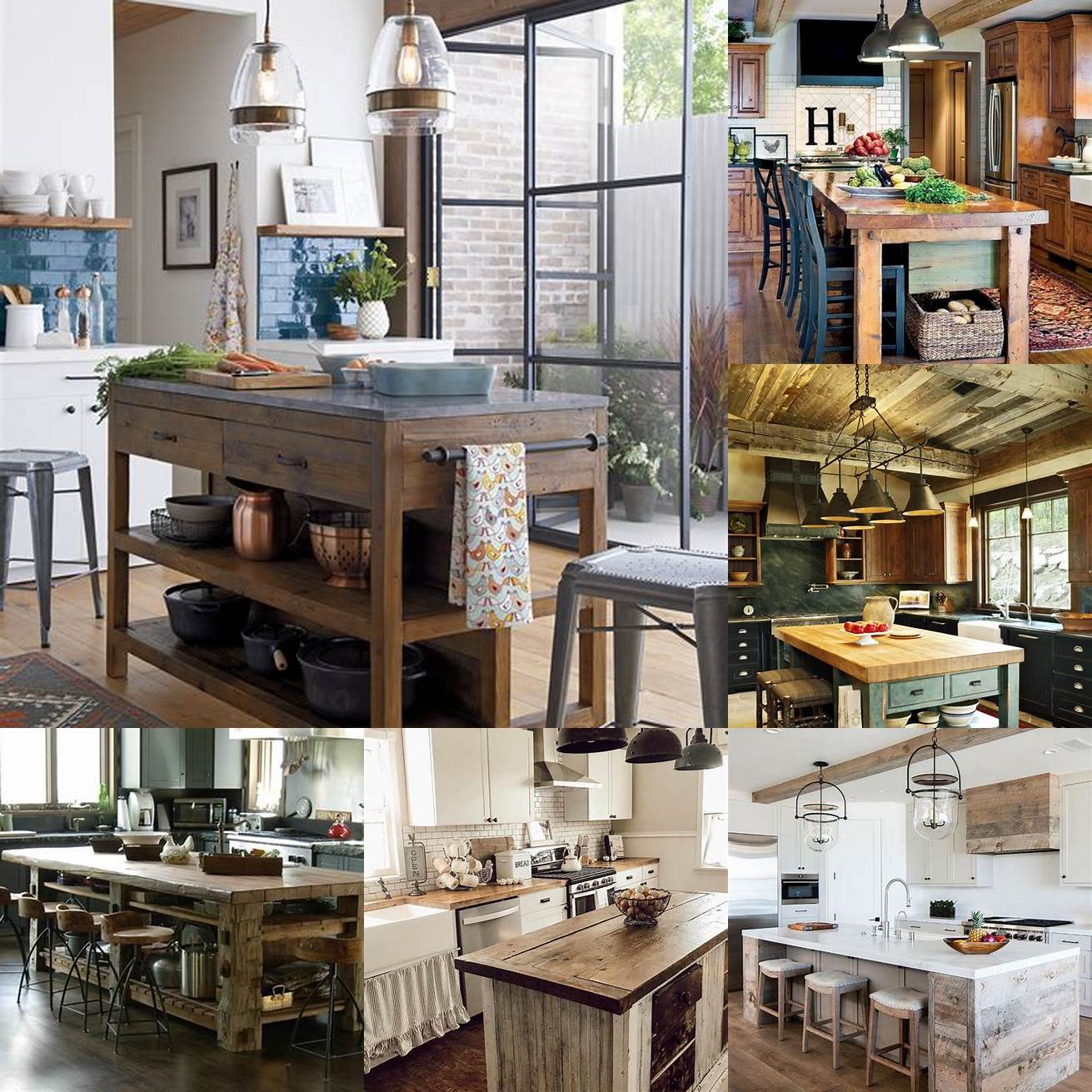 A rustic kitchen island with a wooden countertop and open shelves