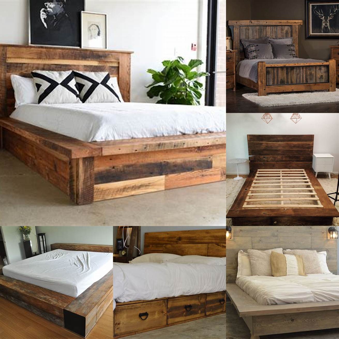 A rustic platform bed with a reclaimed wood headboard