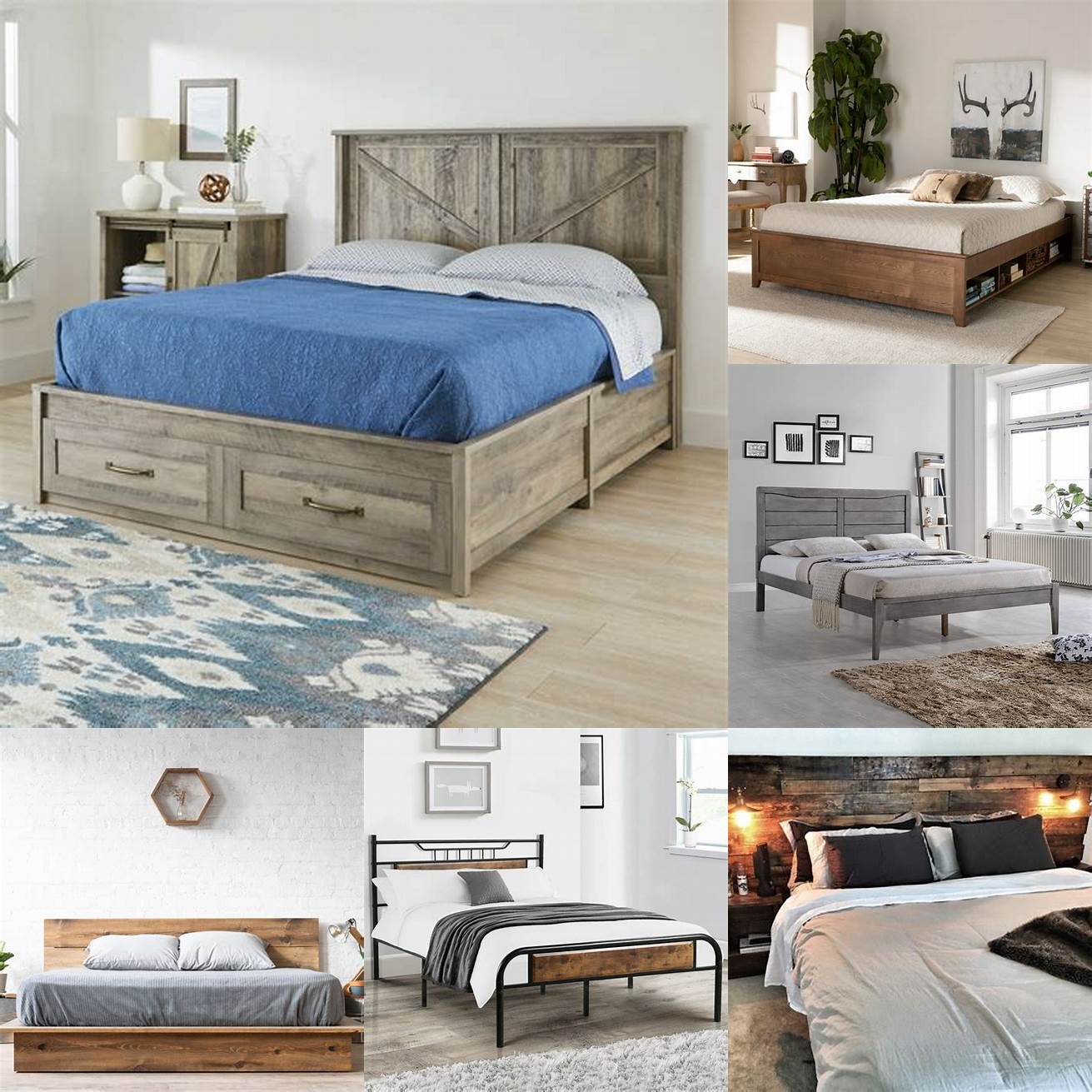 A rustic queen bed platform with a wooden headboard