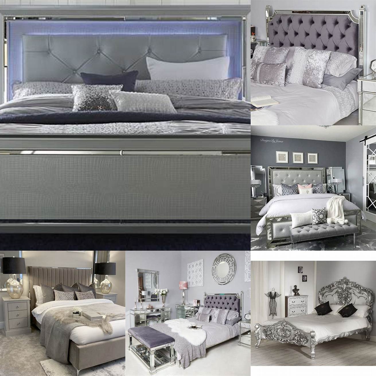 A silver bed frame adds a touch of elegance to any bedroom