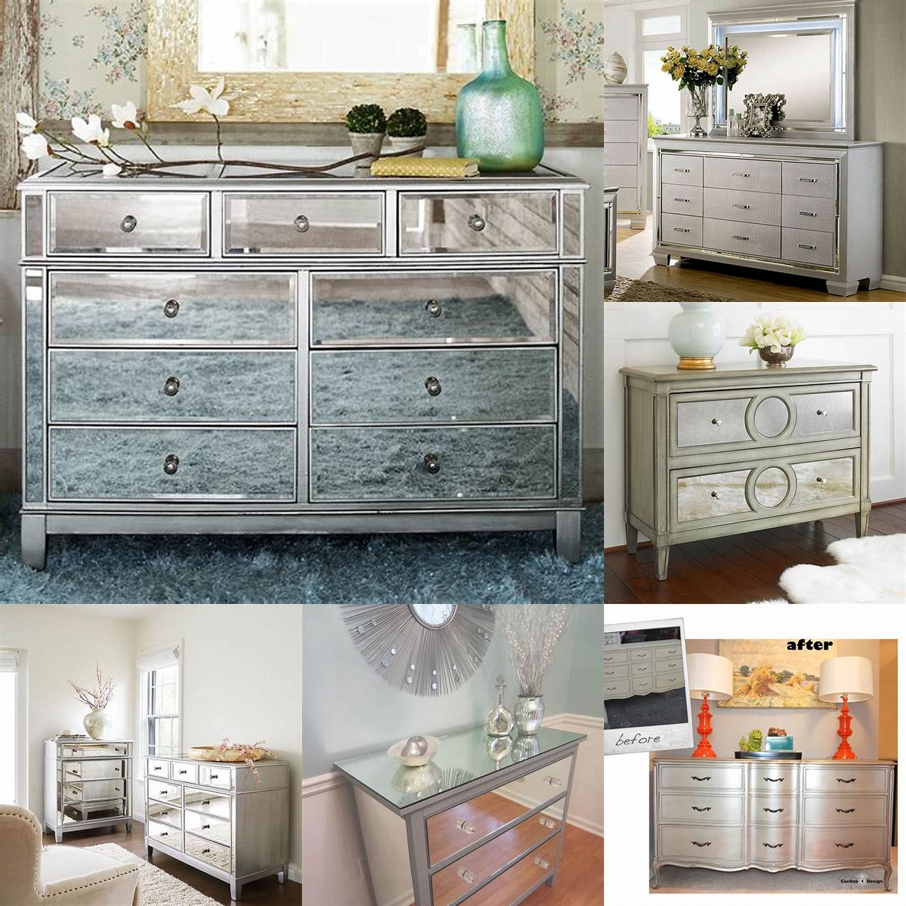 A silver dresser can brighten up a room and make it feel larger