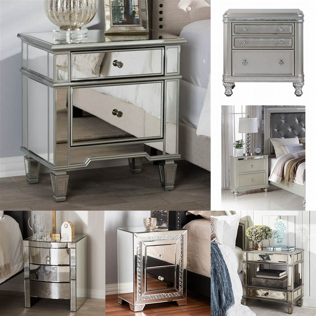 A silver nightstand adds a touch of glamour to any bedroom