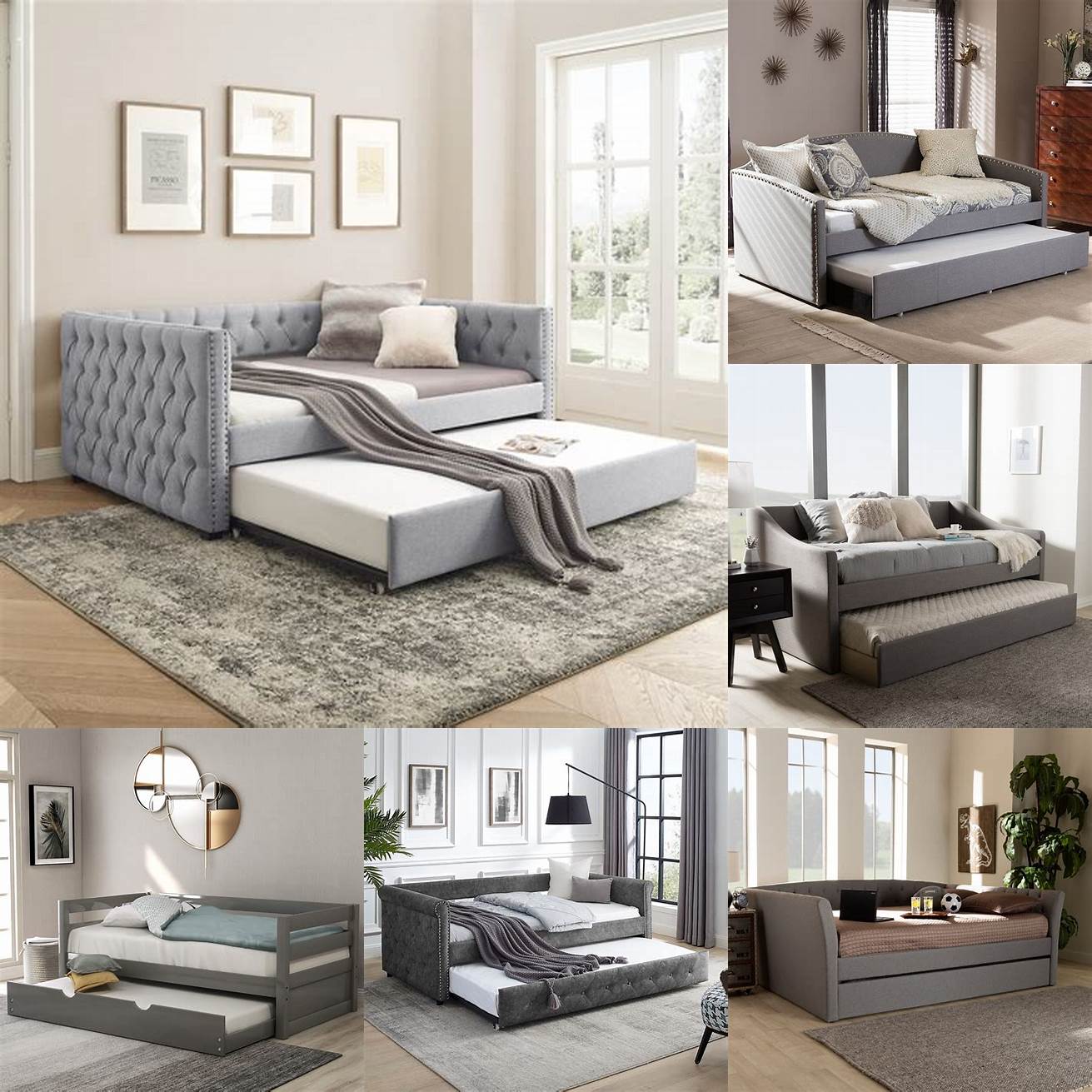 A sleek and modern grey trundle bed is perfect for a minimalist bedroom