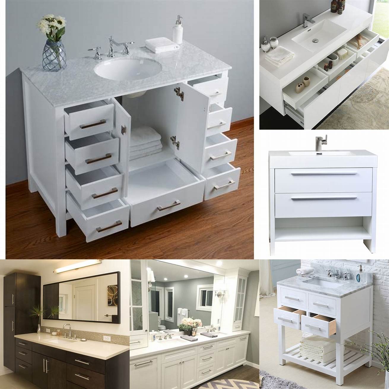 A sleek and modern white vanity with clean lines and plenty of storage