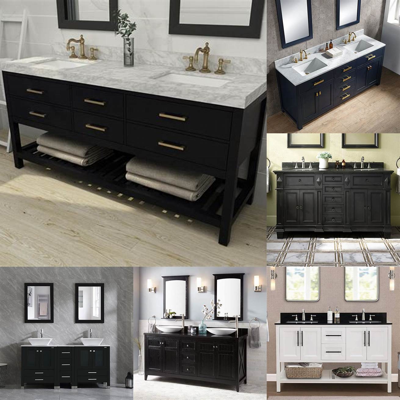 A sleek black double sink vanity with a marble top