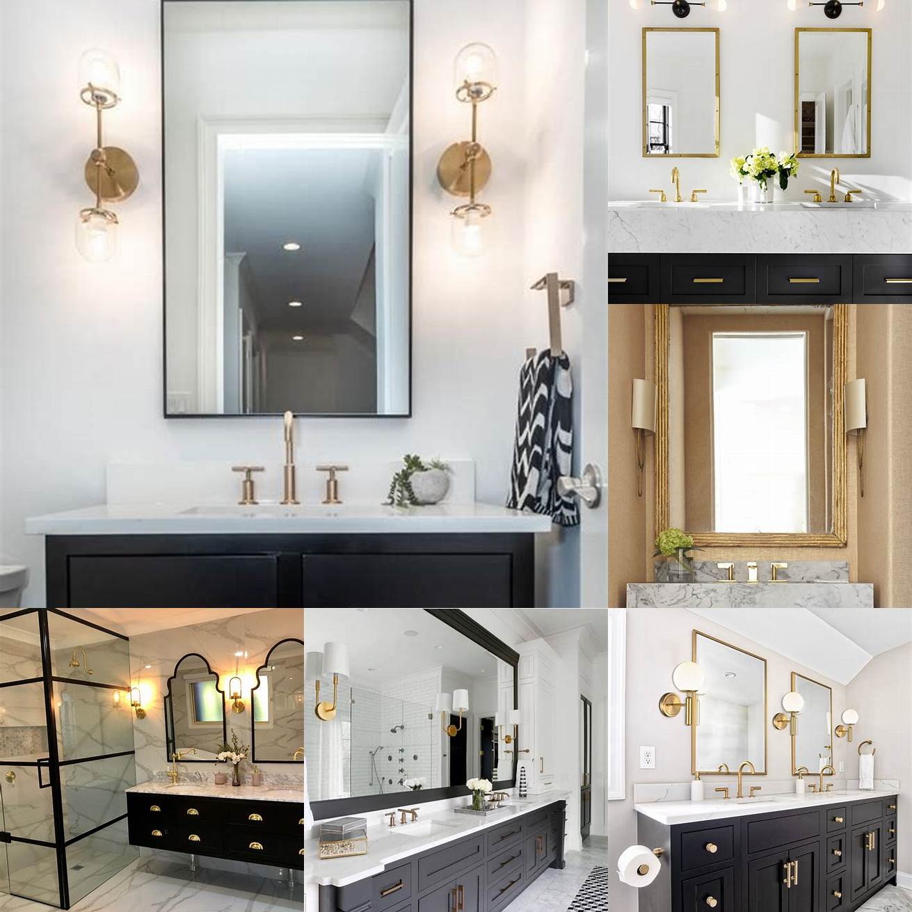 A sleek black slim vanity with a marble countertop and gold hardware