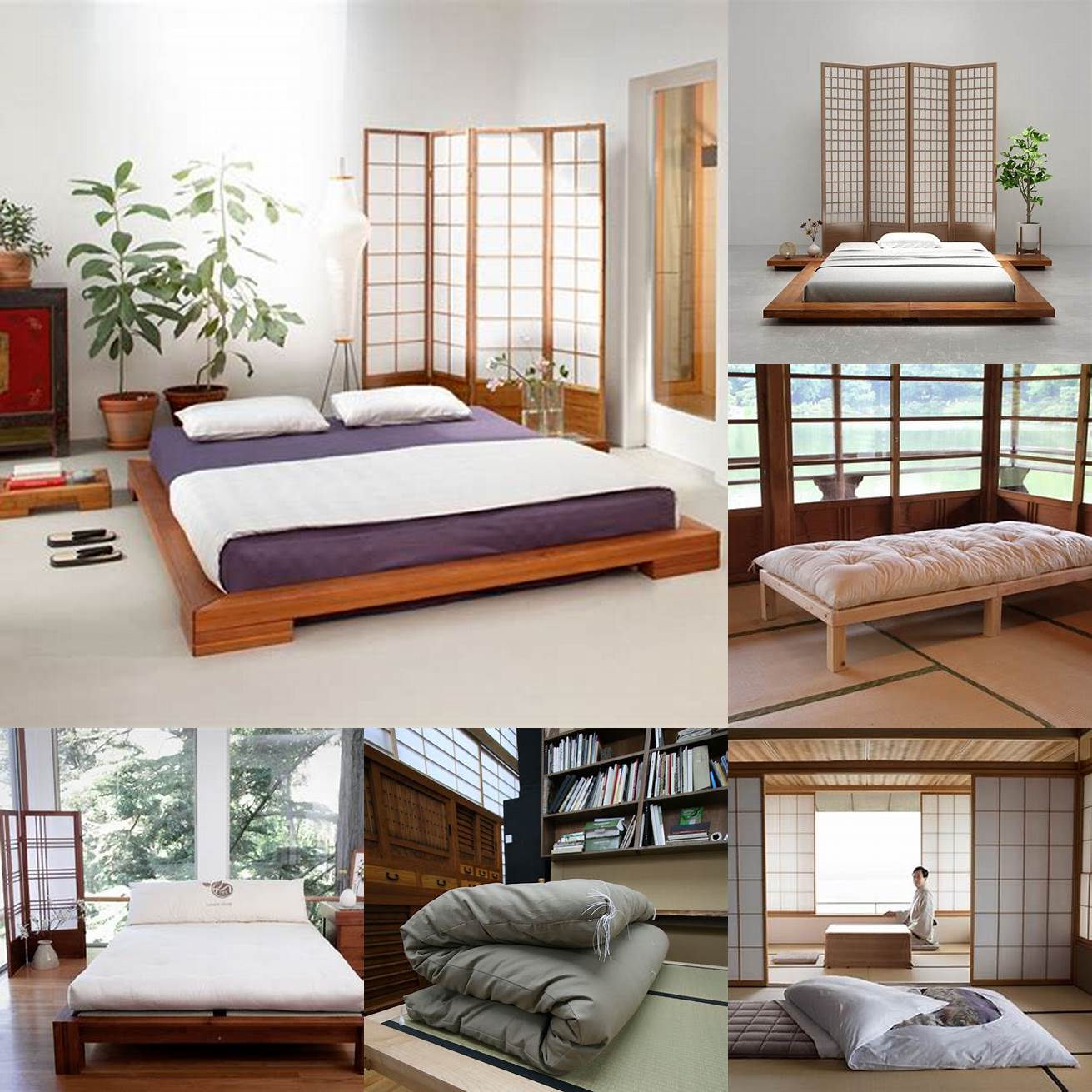 A tatami bed with a wooden frame and traditional Japanese futon bedding