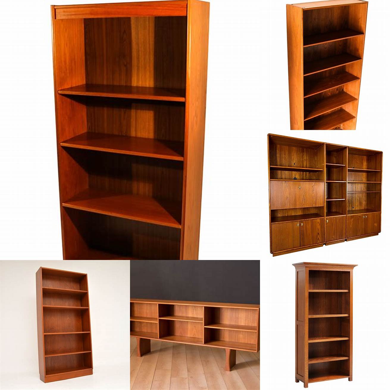 A teak bookcase with wood inserts