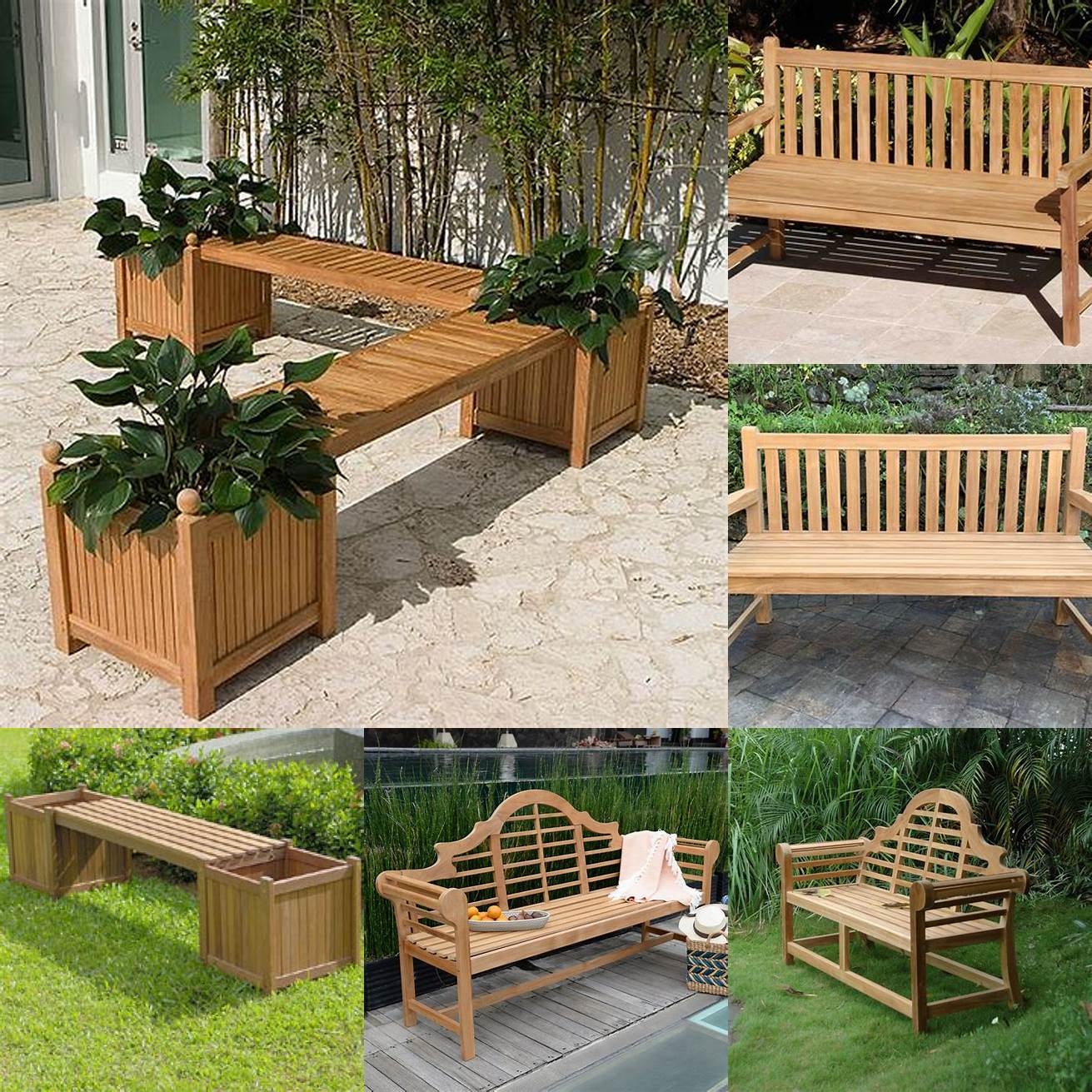 A teak outdoor bench with a planter box