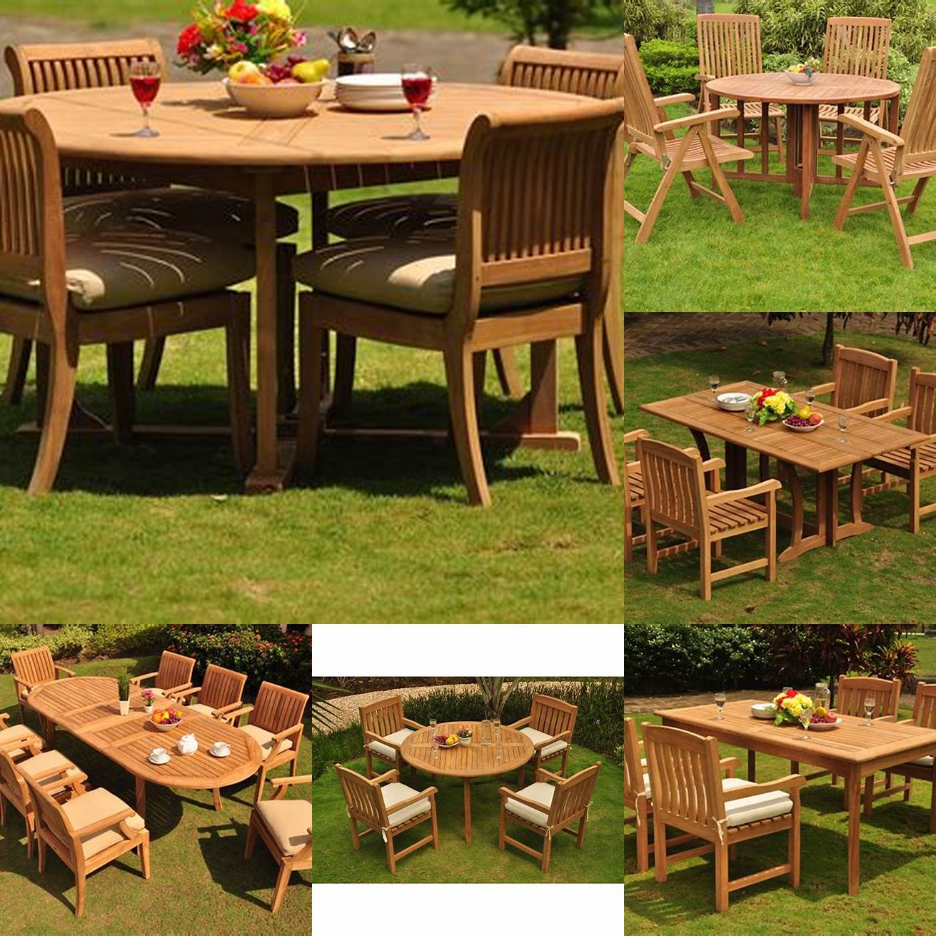 A teak outdoor table and chairs set
