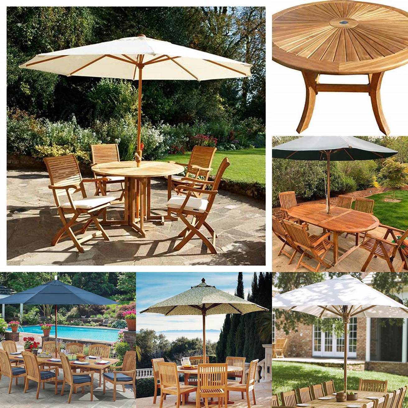 A teak outdoor table with a parasol