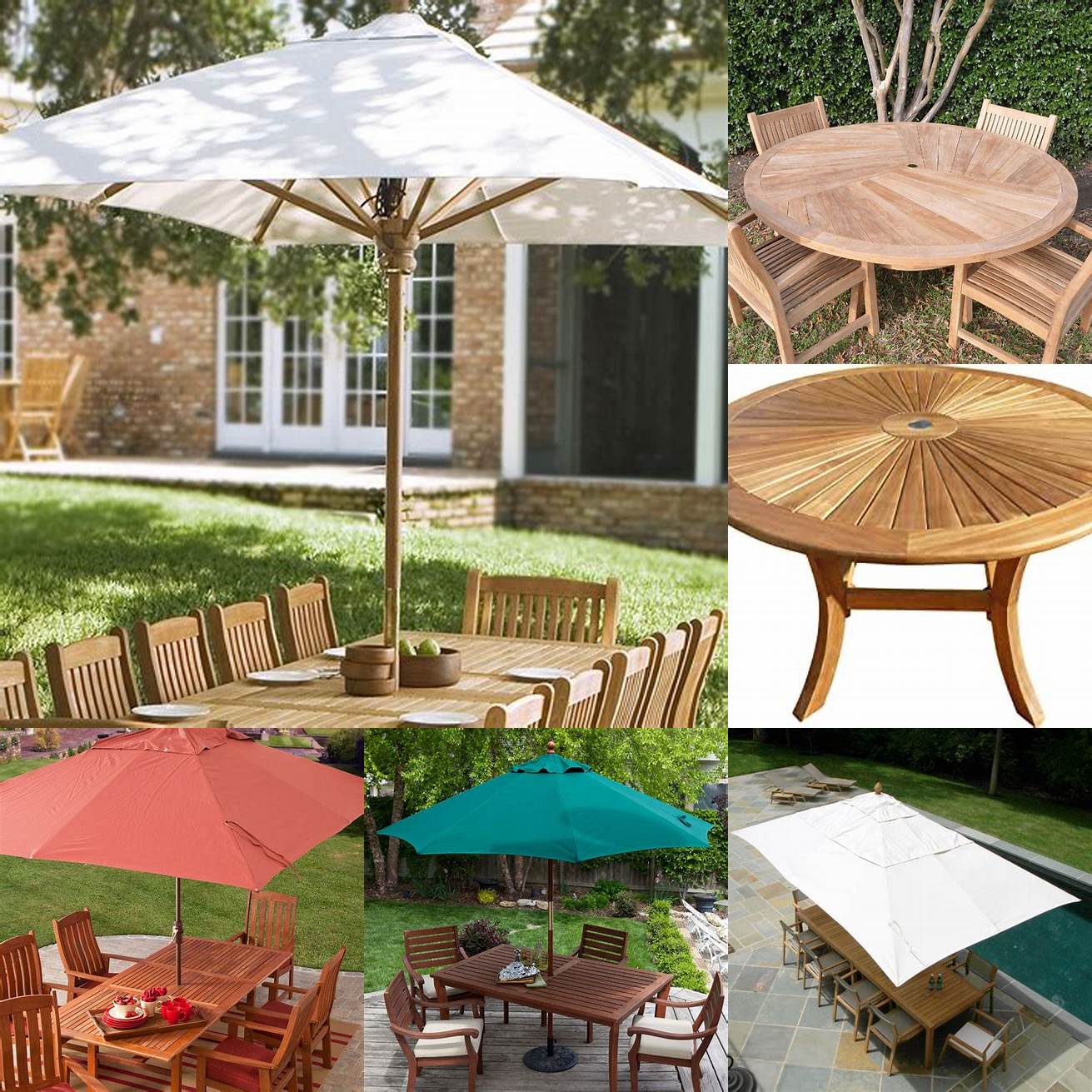 A teak outdoor table with an umbrella