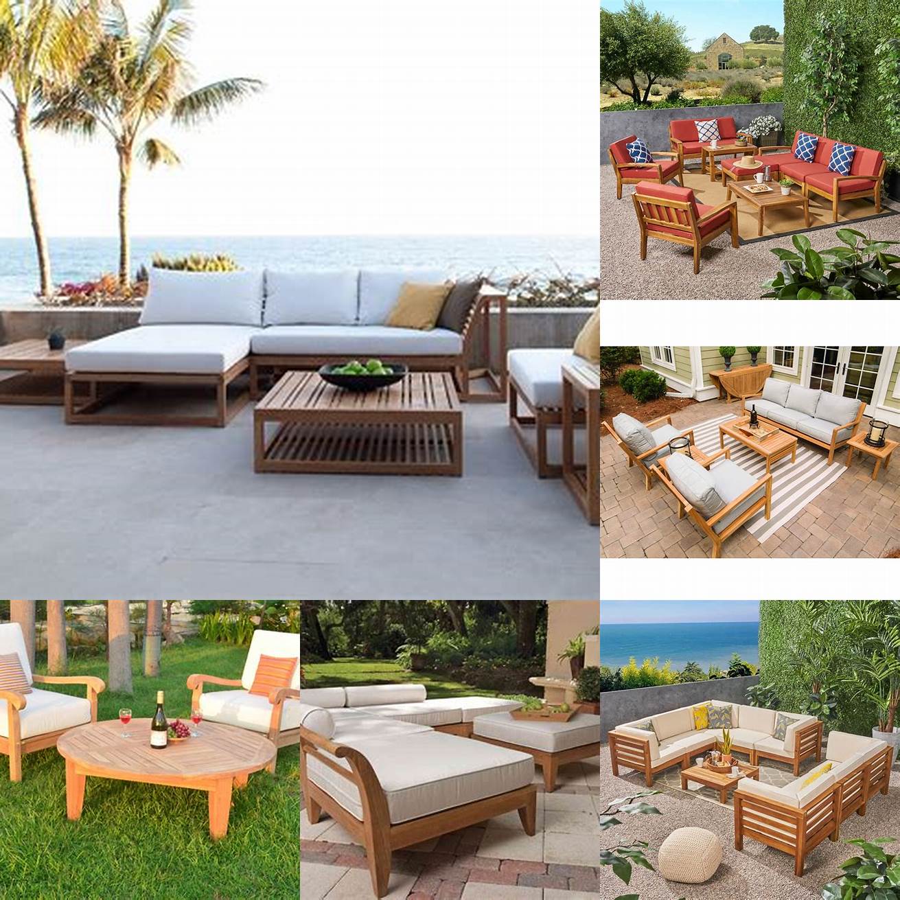 A teak platform outdoor furniture set on a terrace