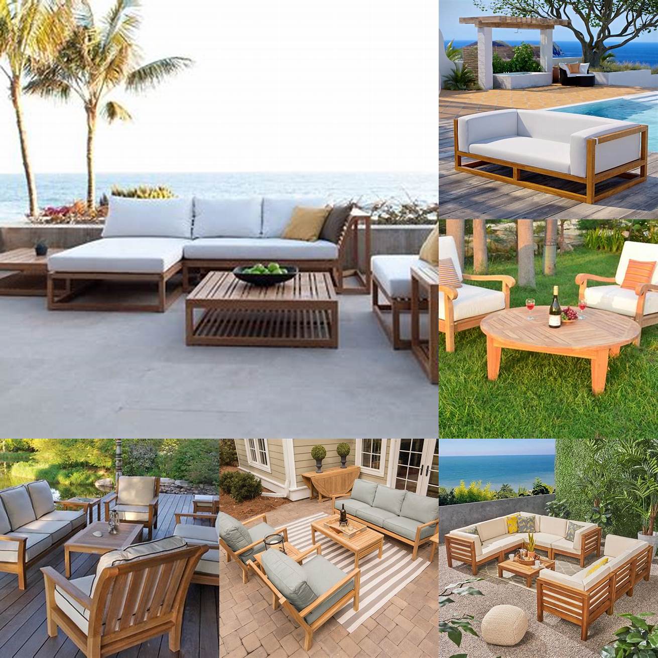 A teak platform outdoor furniture set with a view
