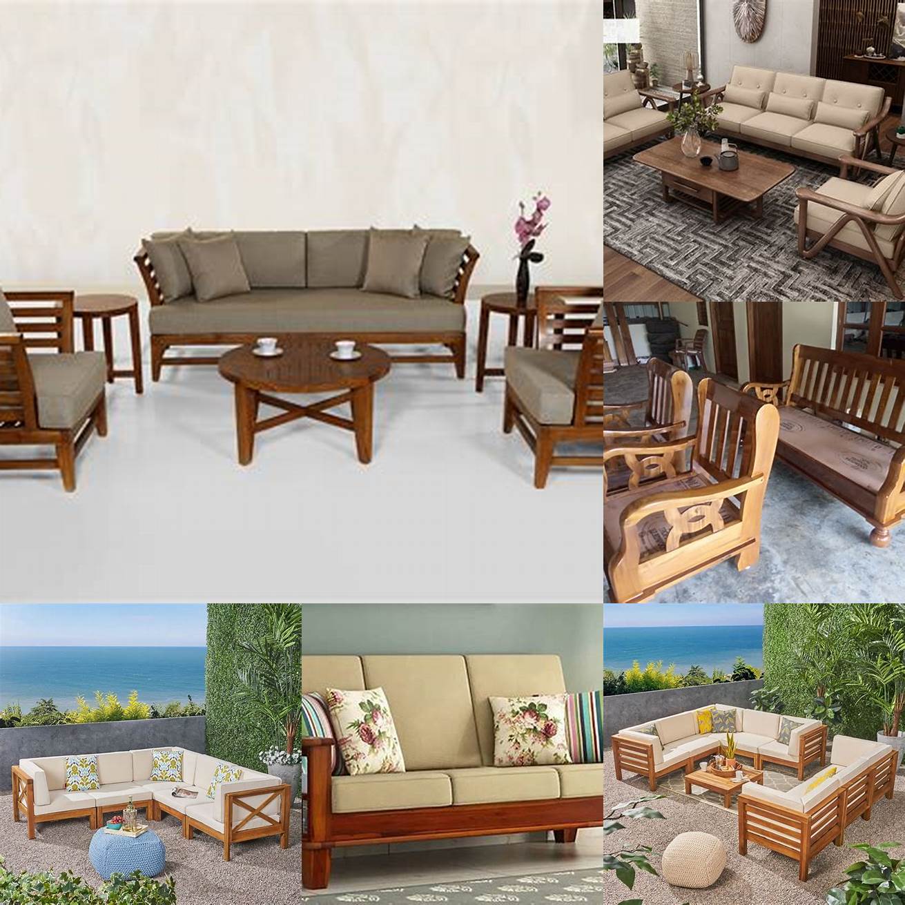 A teak wood sofa and table set