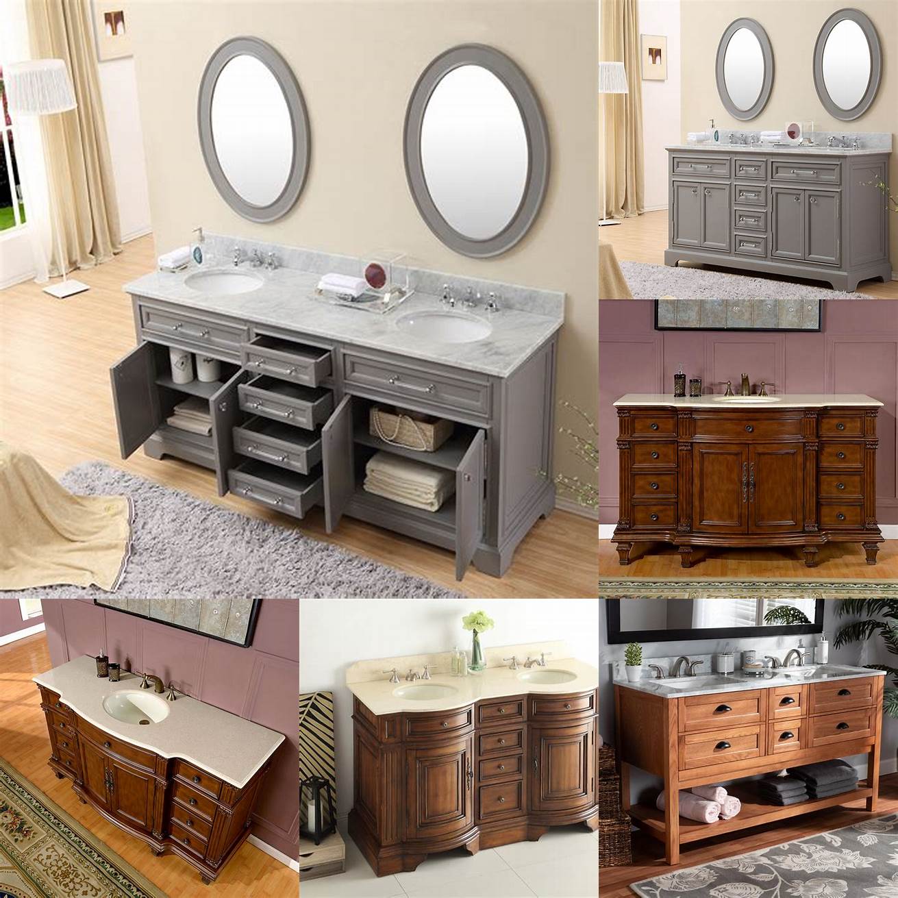 A traditional 60-inch bathroom vanity with intricate details